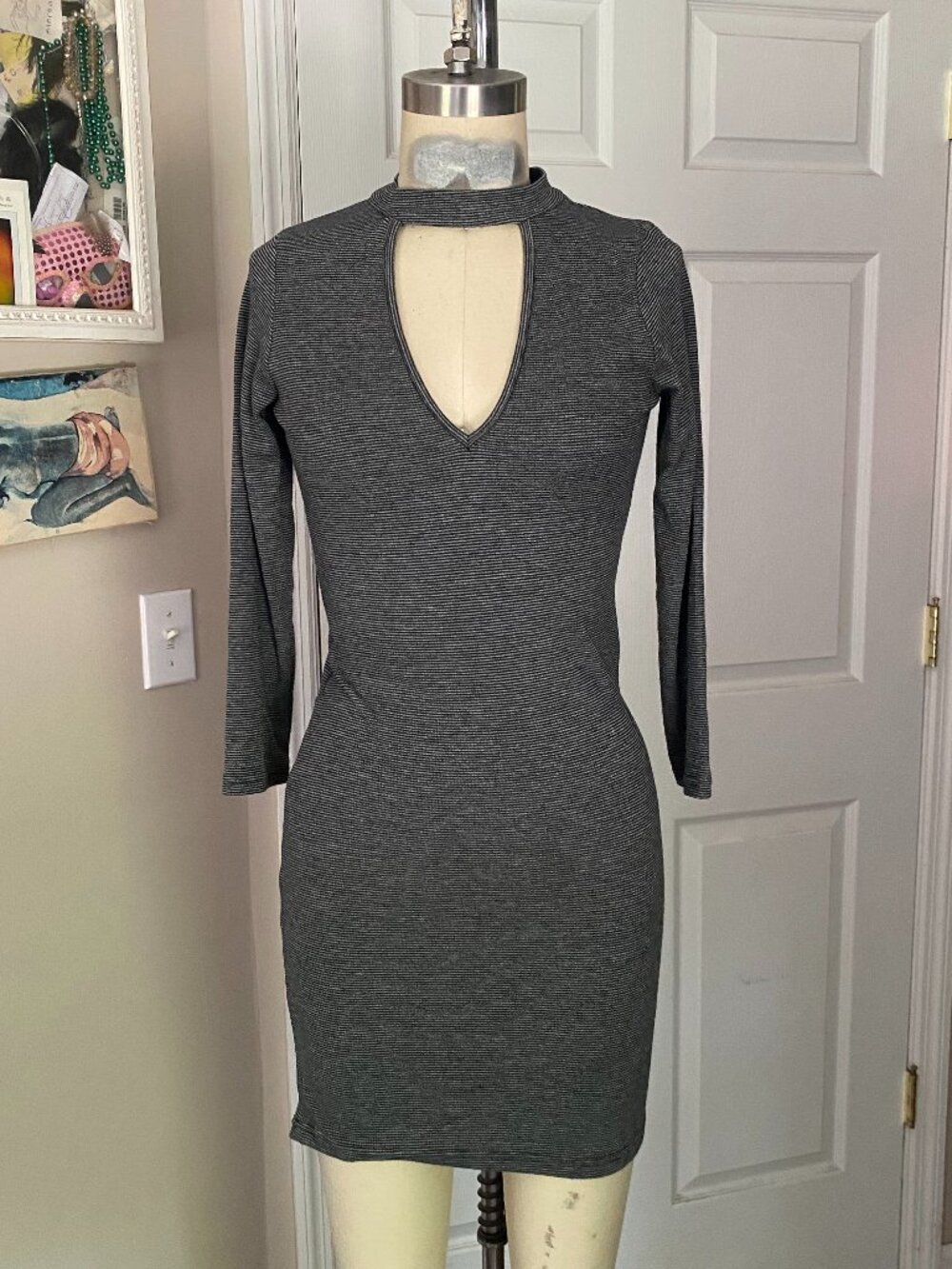 POOF Grey micro ribbed Choker V-neck MINI Wiggle Bandage Dress *SMALL* B219